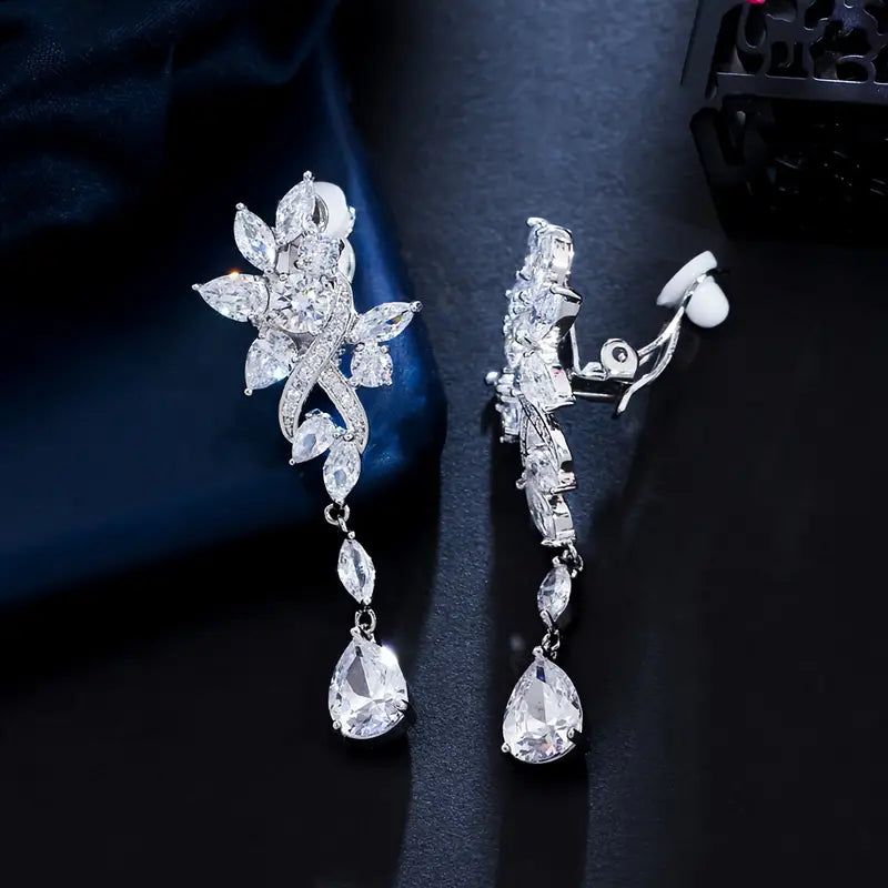 Exquisite Sparkling Flower Clip-On Earrings - Copper Silver Plated Jewelry with Cubic Zirconia Inlay for Women's Wedding Party Ear Decor - Elegant and Durable Accessories for Special Occasions