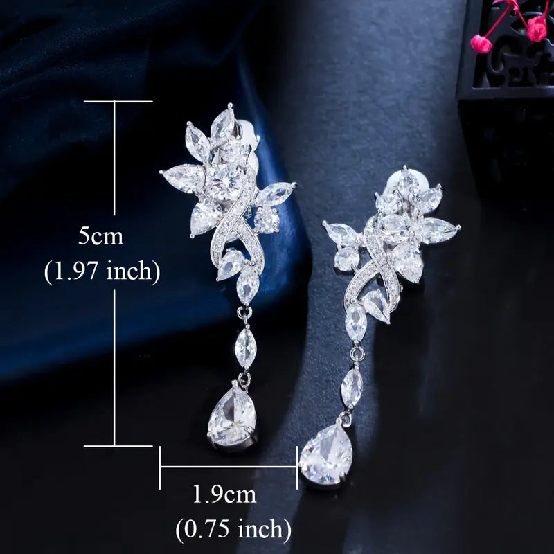 Exquisite Sparkling Flower Clip-On Earrings - Copper Silver Plated Jewelry with Cubic Zirconia Inlay for Women's Wedding Party Ear Decor - Elegant and Durable Accessories for Special Occasions