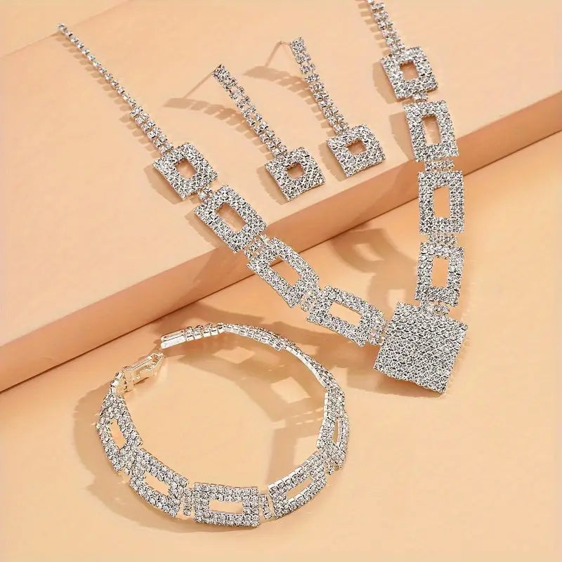 3 Pieces Set: Sparkling Rhinestones Jewellery Set, Earrings and Necklace, Can be Worn as a Hand Chain for Evening Glamour