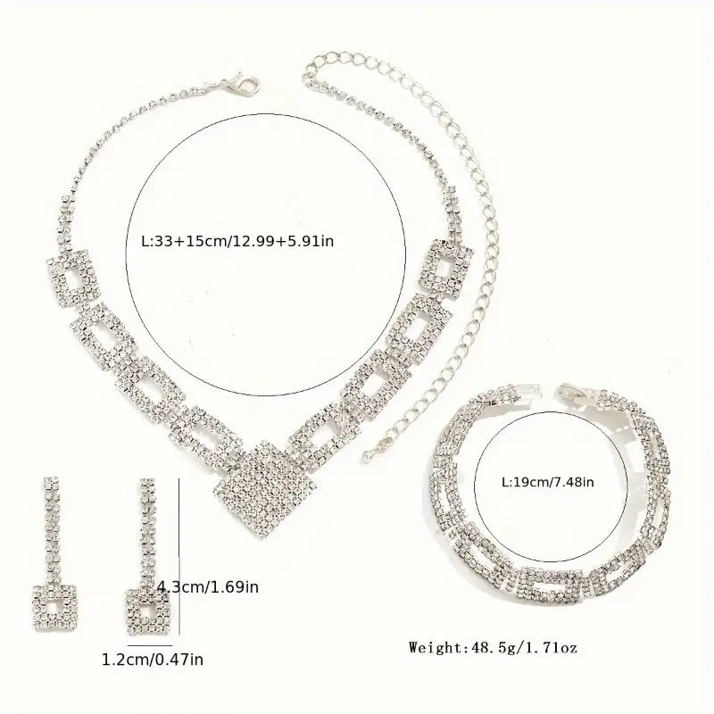 3 Pieces Set: Sparkling Rhinestones Jewellery Set, Earrings and Necklace, Can be Worn as a Hand Chain for Evening Glamour