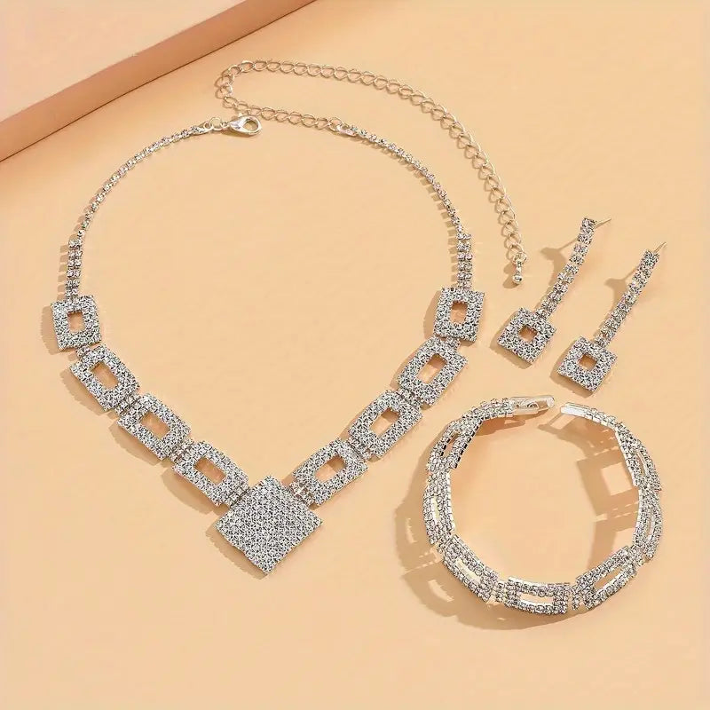 3 Pieces Set: Sparkling Rhinestones Jewellery Set, Earrings and Necklace, Can be Worn as a Hand Chain for Evening Glamour