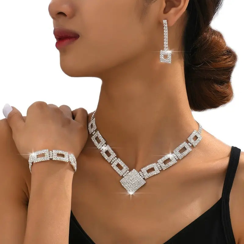 3 Pieces Set: Sparkling Rhinestones Jewellery Set, Earrings and Necklace, Can be Worn as a Hand Chain for Evening Glamour