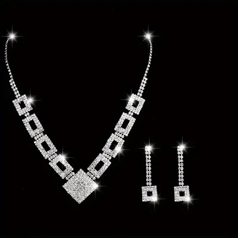 3 Pieces Set: Sparkling Rhinestones Jewellery Set, Earrings and Necklace, Can be Worn as a Hand Chain for Evening Glamour