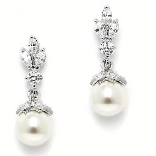 Women's Daily Casual Earrings Delicate Inlaid Cubic Nickel Stone Imitation Pearl Leaf Drop Earrings Jewelry